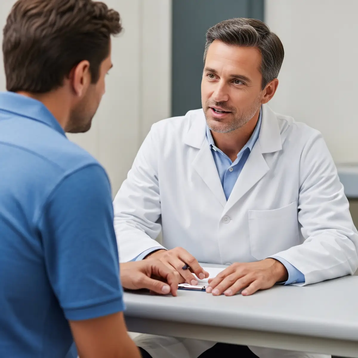 Two medical professionals with stethoscopes discussing documents on clipboards against yellow background.